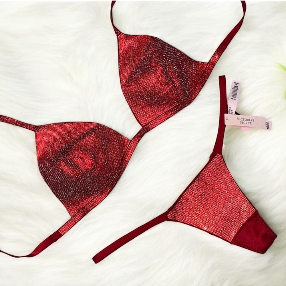Victoria’s Secret Fashion Show Shine Triangle Bralette & V-String Set Red,Size M